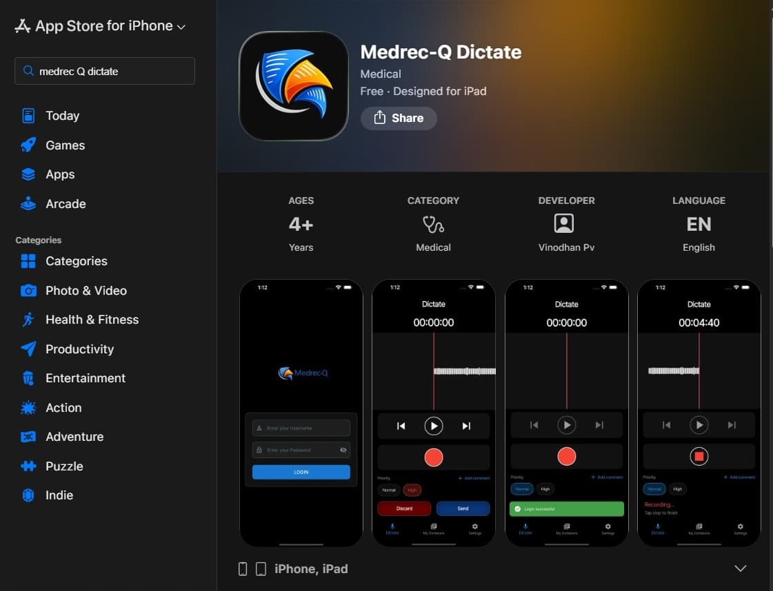 Medrec-Q Dictate iOS
